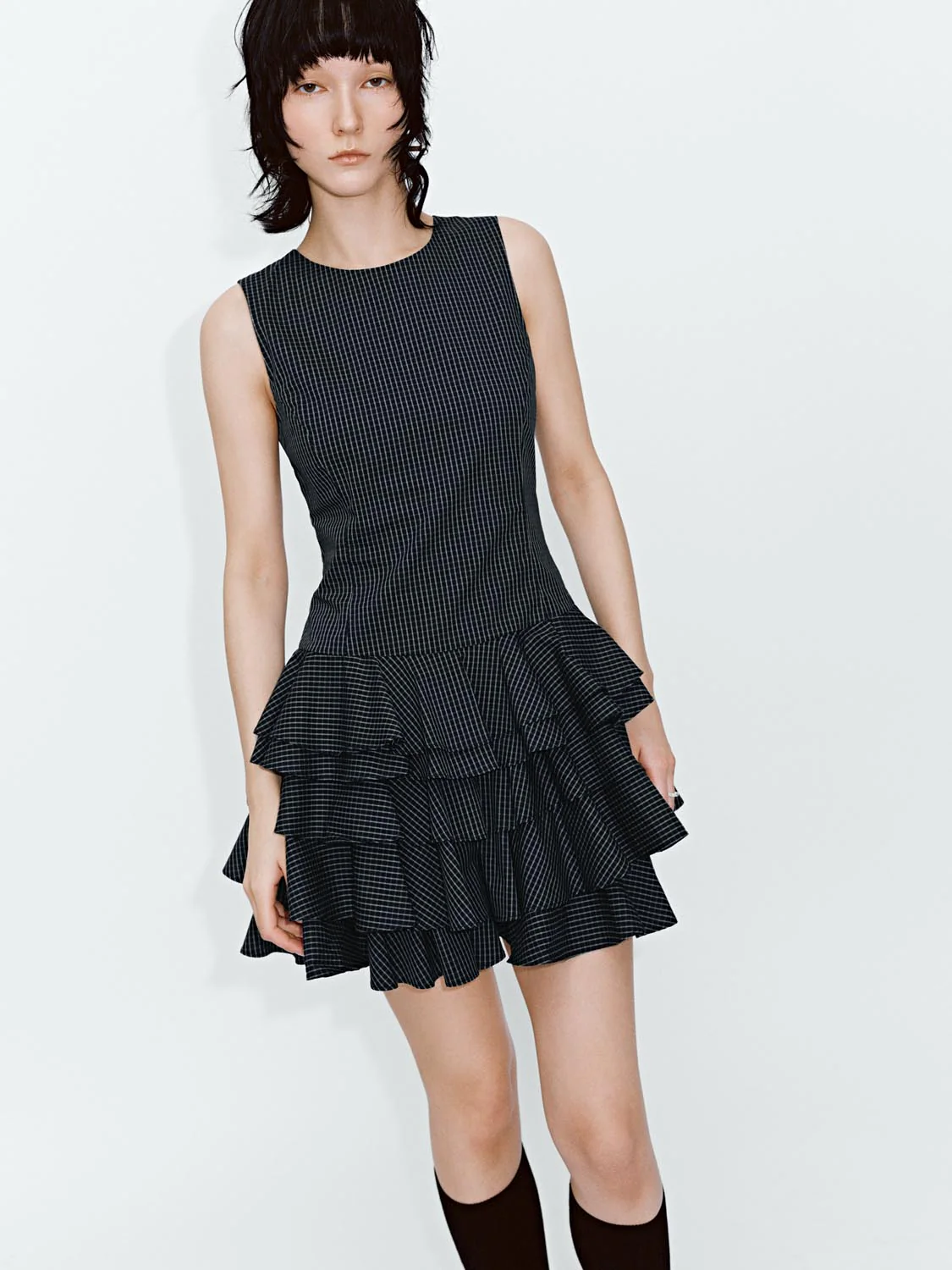 Sleeveless Tiered Pleated Check Mini Dresses - Image 3