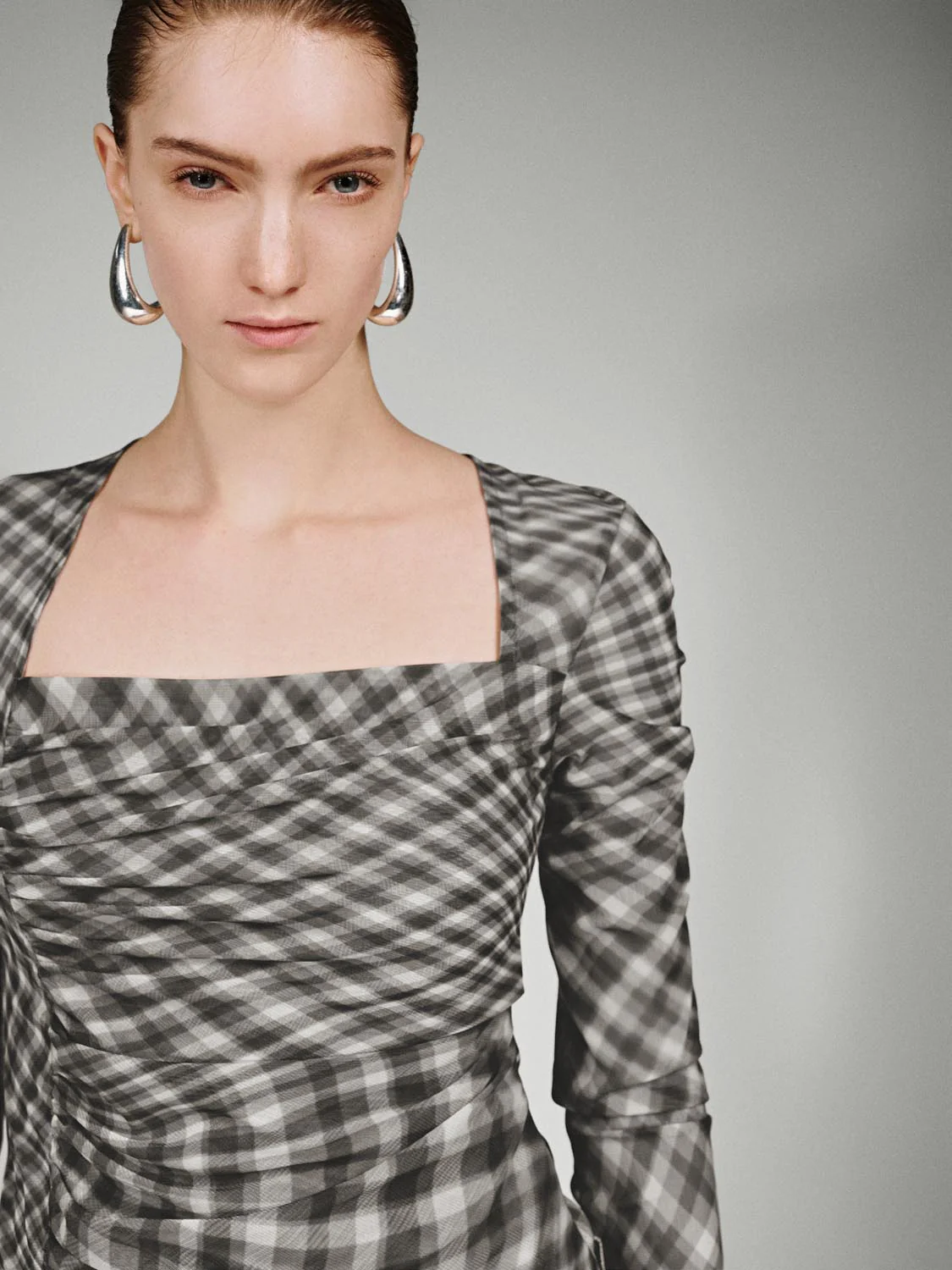 Square Neck Check Long Sleeve T-Shirts - Image 3