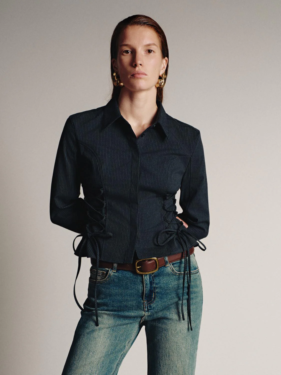 String Detail Ruched Waist Shirts