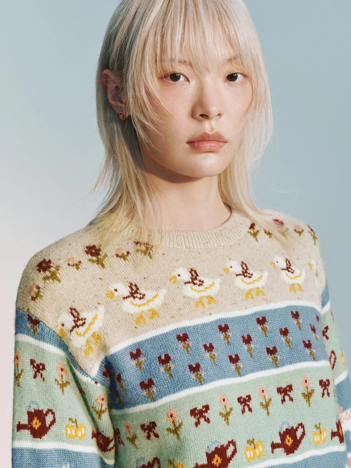 Striped Intarsia Long Sleeve Knitted T-Shirts - Image 3