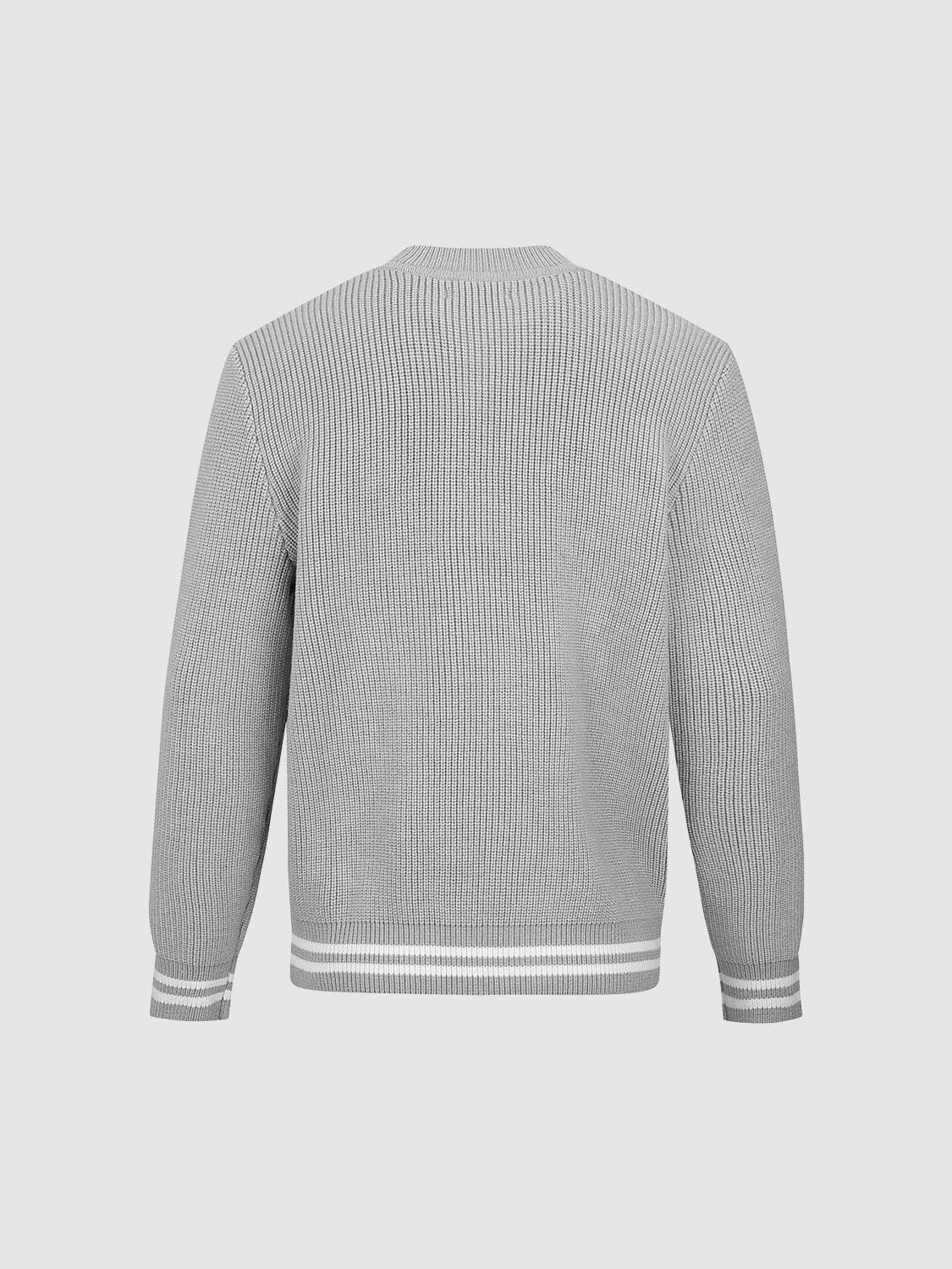 Striped Trim Crew Neck Knitted Cardigan - Image 10