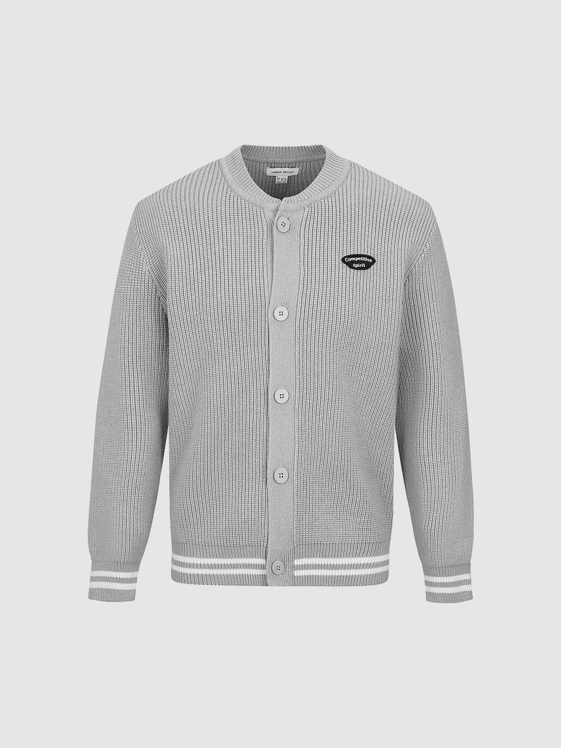 Striped Trim Crew Neck Knitted Cardigan - Image 9