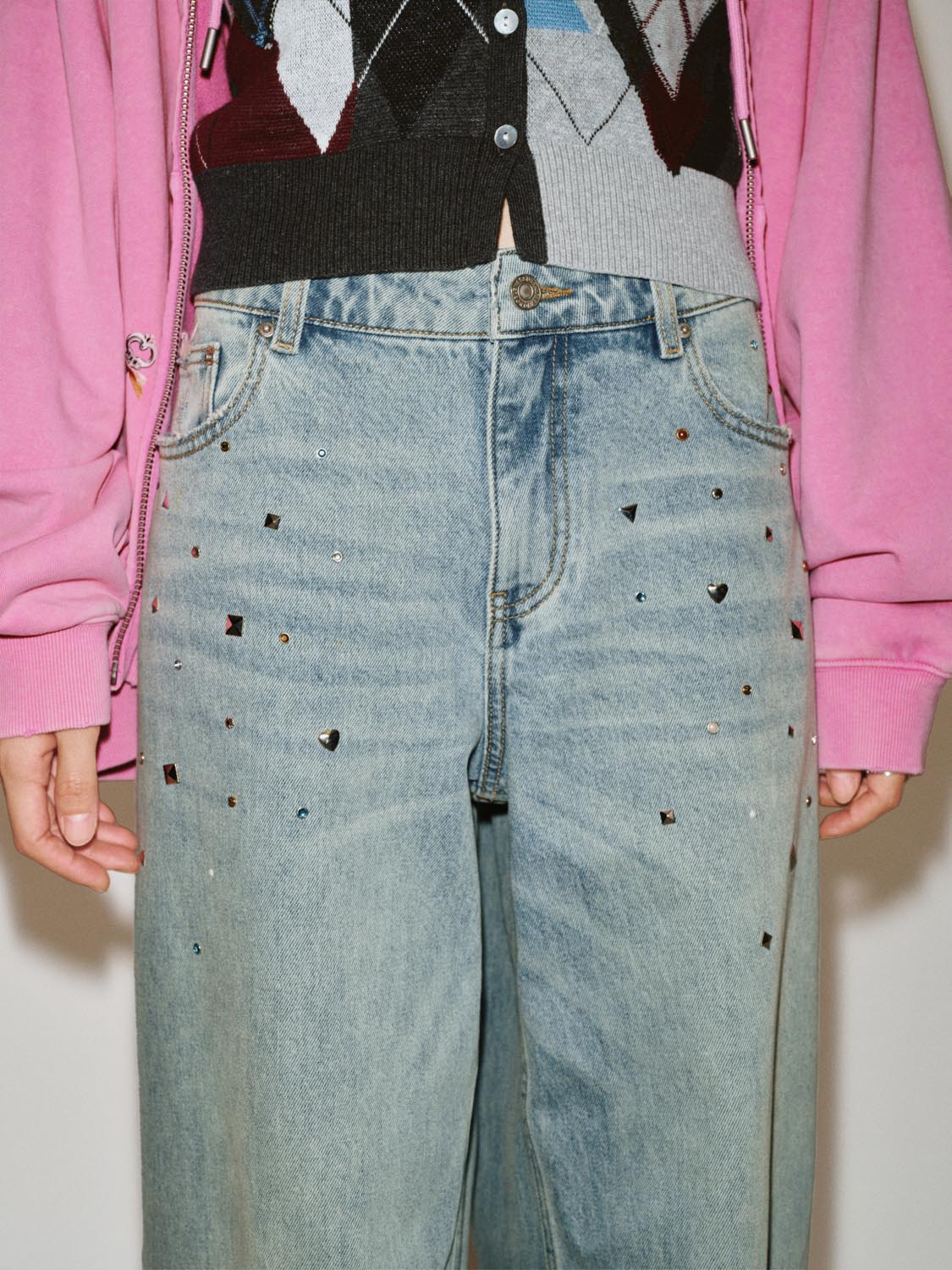 Studded Raw Detail Wide Leg Jeans - Image 4