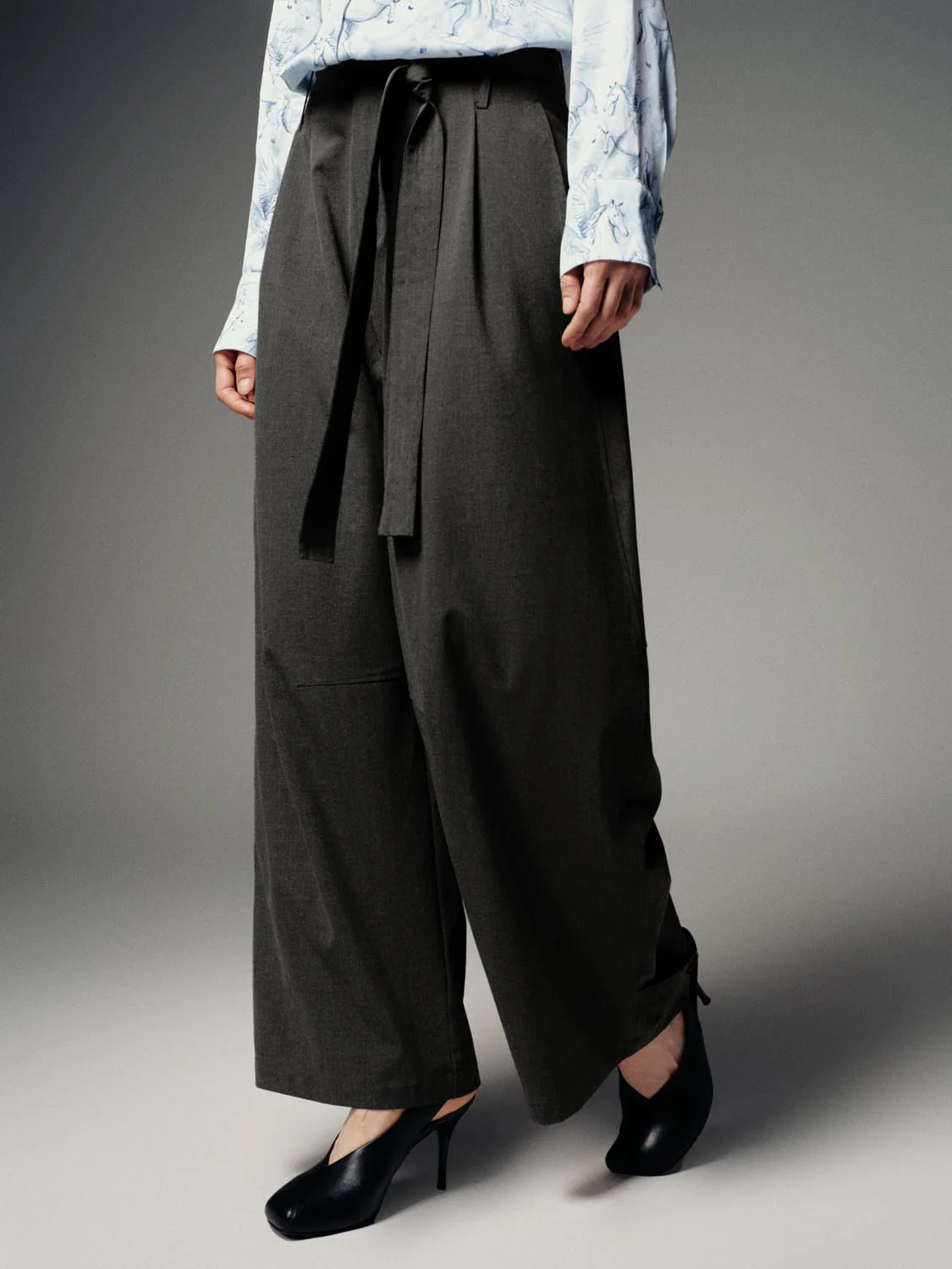 Tie Belt Tailored Pleated Barrel Leg Pants - Image 3