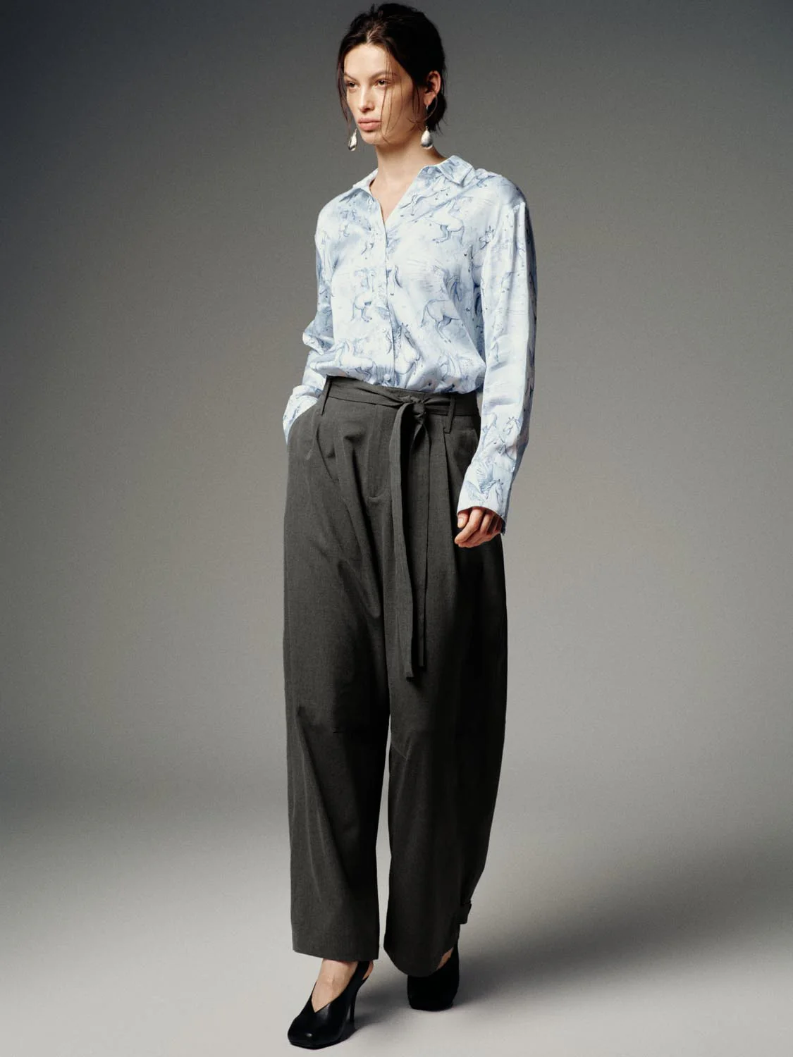 Tie Belt Tailored Pleated Barrel Leg Pants - Image 5