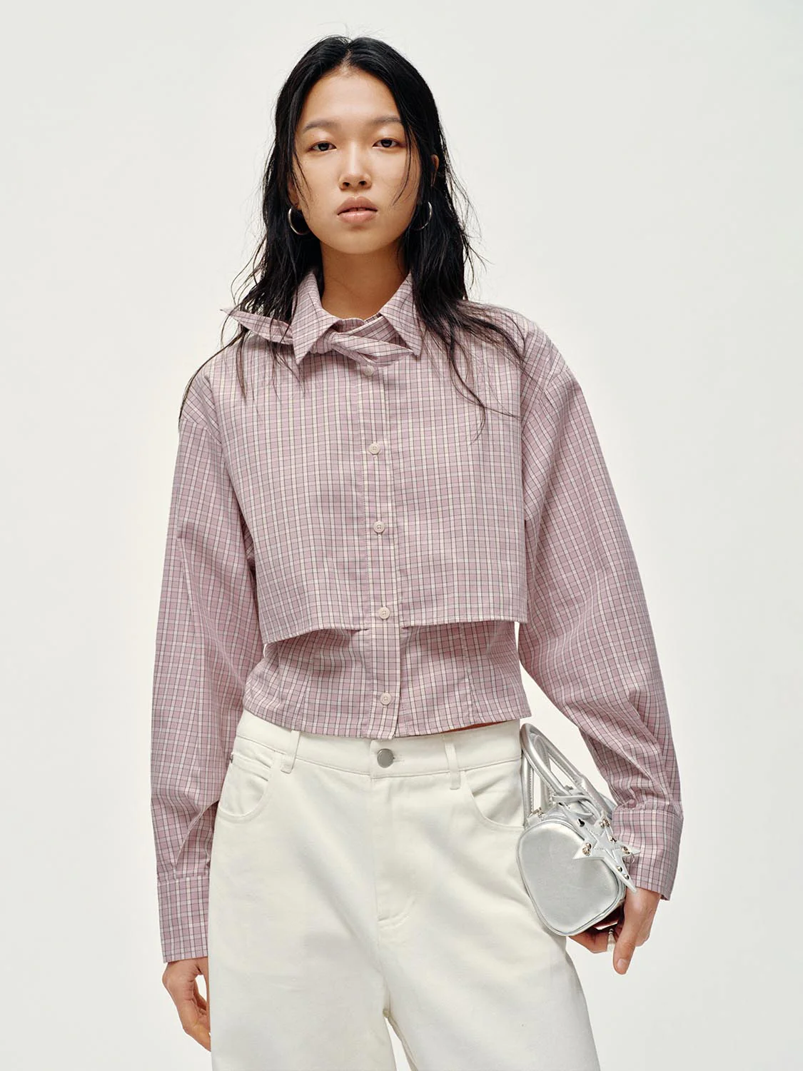 Tie Neck Contrast Check Shirts