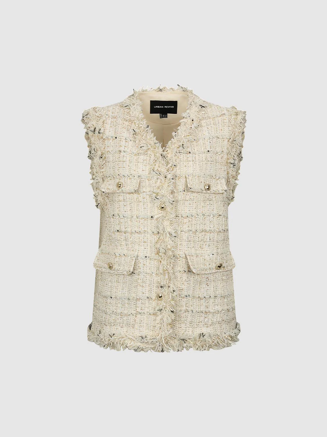V-Neck Flap Pocket Raw Hem Tweed Vests - Image 4