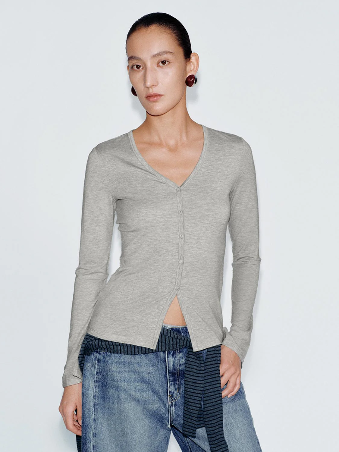 V-Neck Nipped Waist Button Up Jackets