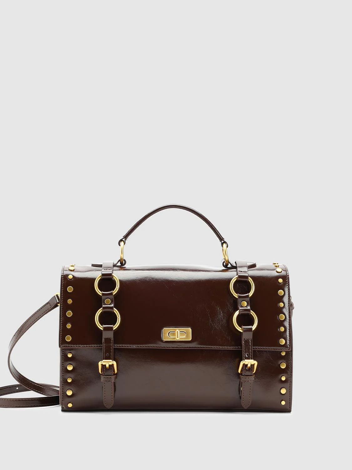 Wax Faux Leather Studded Handle Shoulder Bags